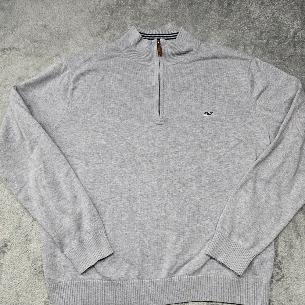 Vineyard Vines Quarter Zip Sweater Women M Gray Mock Neck Logo Preppy Stripes